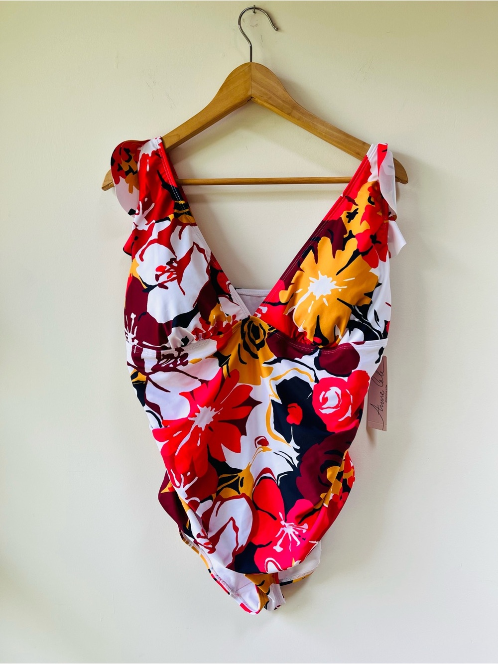 Anne Cole Wallflower Plunge One Piece Swimsuit Tropical Floral Print NWT - 16